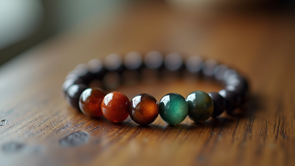 High angle view of a 7 chakra bracelet resting on a wooden surface