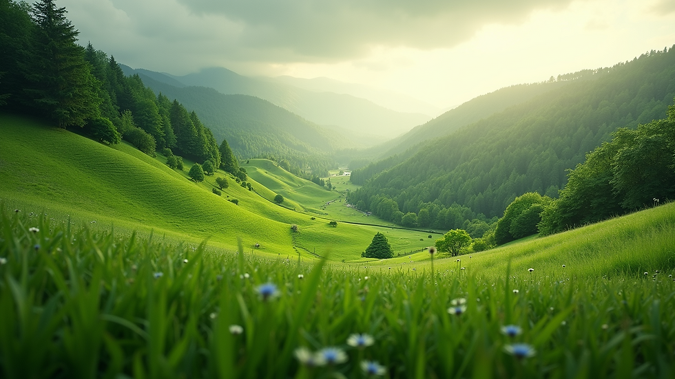 Wide angle view of lush green landscape
