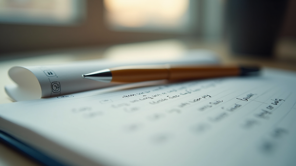 Close-up view of a notebook with handwritten notes and a pen