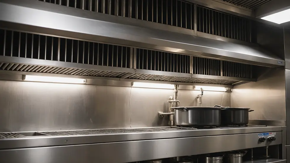 Close-up view of a commercial kitchen exhaust system being cleaned