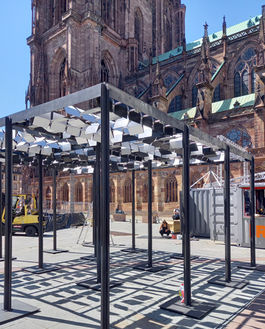 Installation view of perg01a, a public art installation by LAb[au] in the Cosmos District, next to Strasbourg Cathedral, Strasbourg, France.