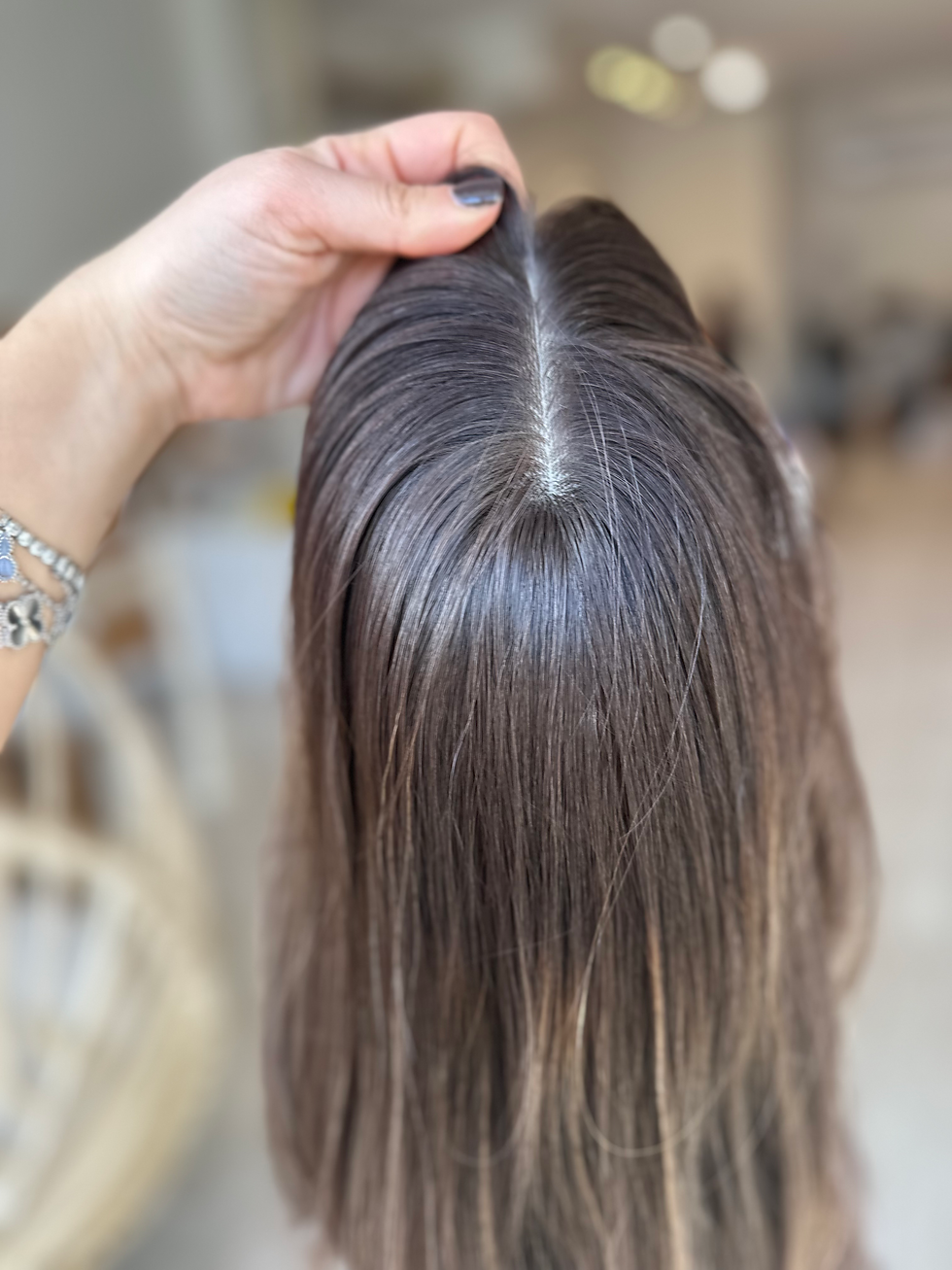 Thumbnail: TP35095: 7x8 19” longer curtain bang dark brown with soft highlights