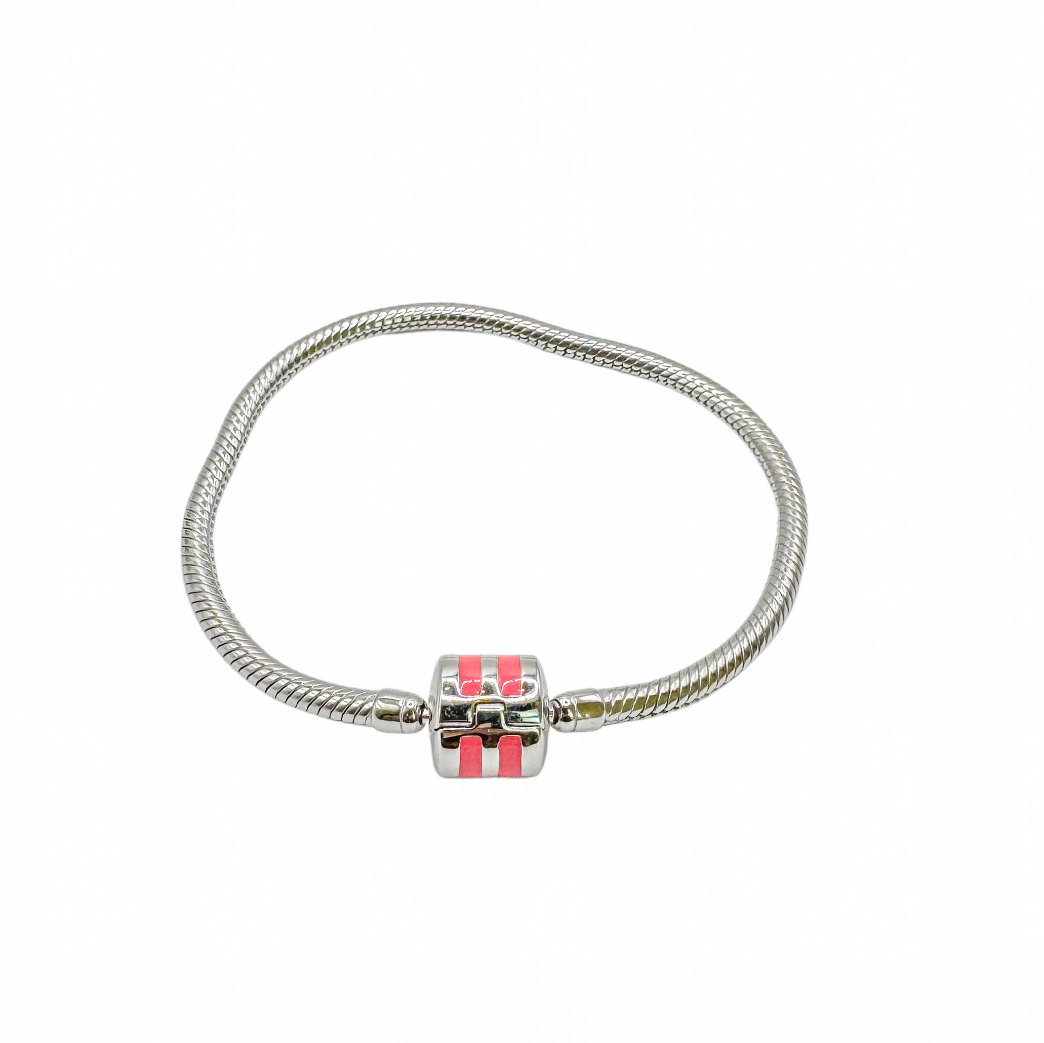 Pink Stripe Charm Snake Chain Pure Silver Bracelet