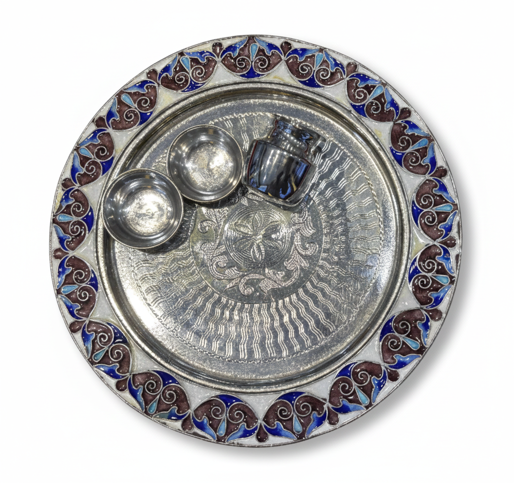 Meenakari Blue-Trimmed Puja Set (999 Pure Silver)