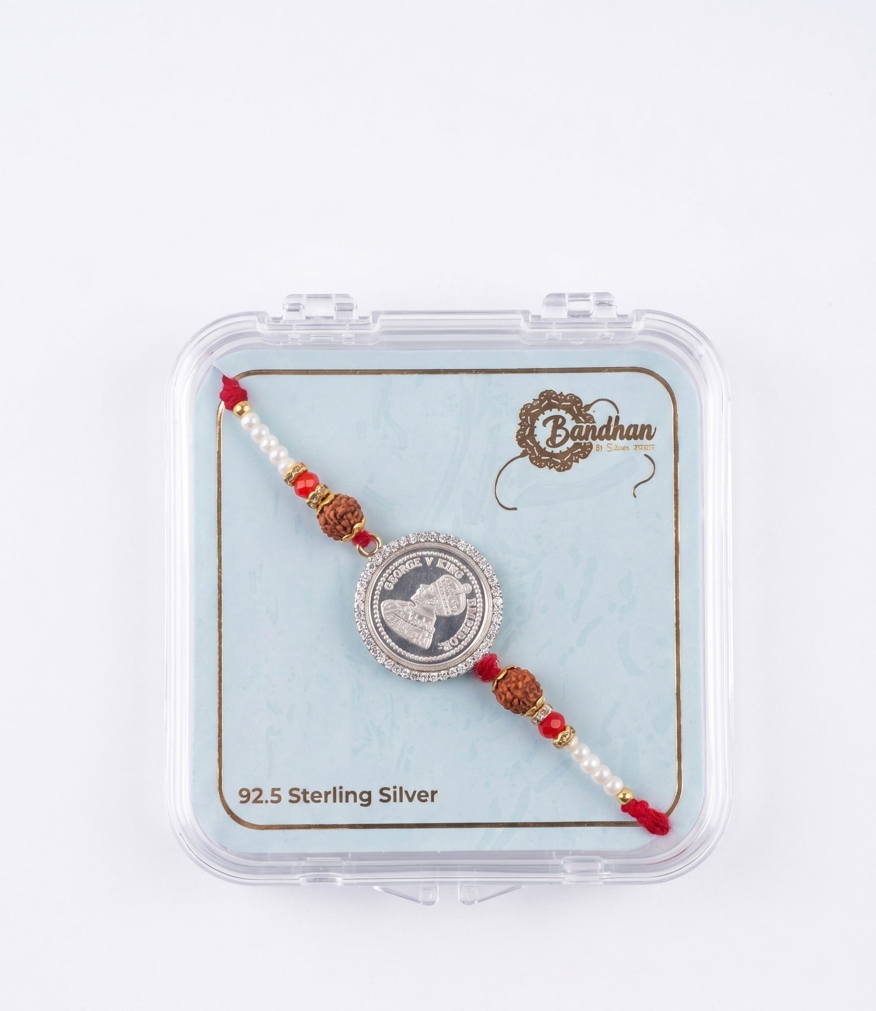 925 Sterling Silver King Coin Rakhi with Rudraksha & Pearl Beads