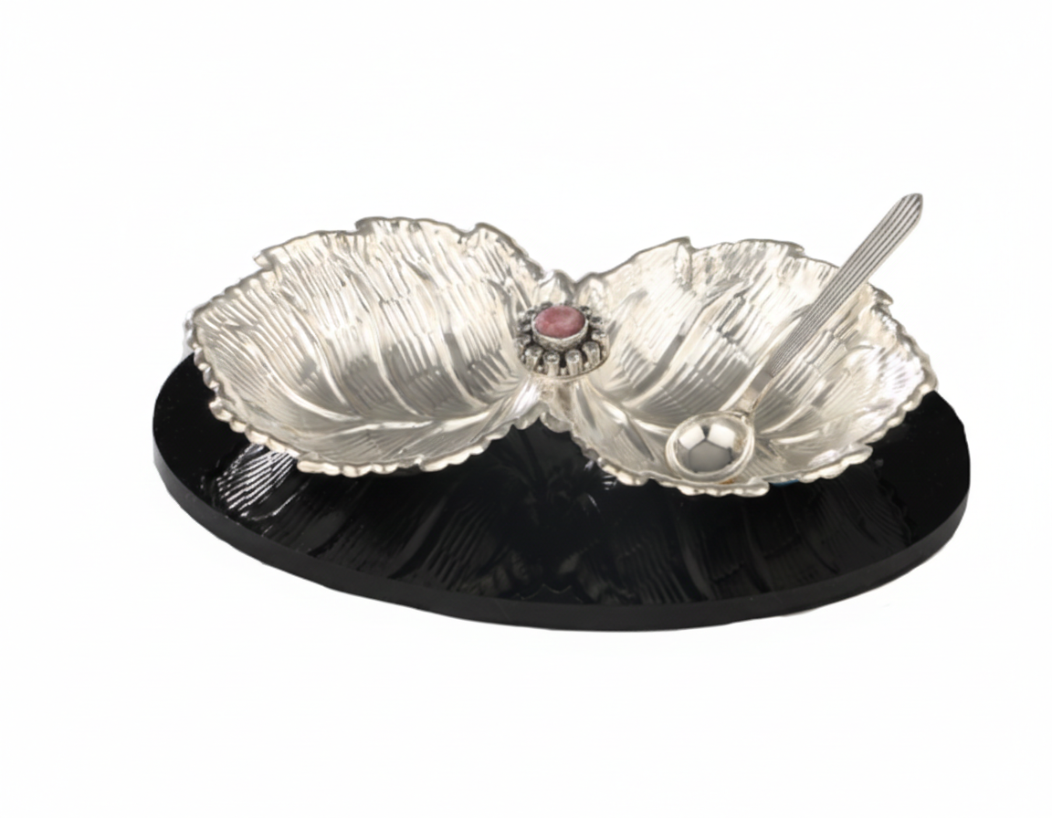 Elegant Twin-Leaf Silver Server with Spoon (999 Fine Silver)
