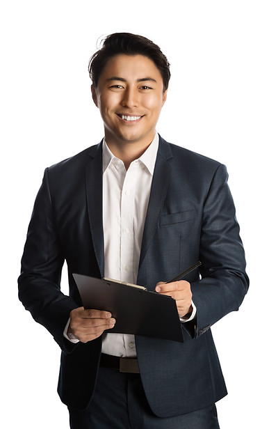 Attractive businessman in a blue suit and white shirt, holding a clipboard and a pen. Stan