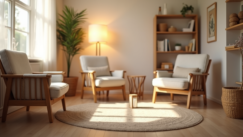 Eye-level view of a cozy therapy room with soft lighting and comfortable chairs