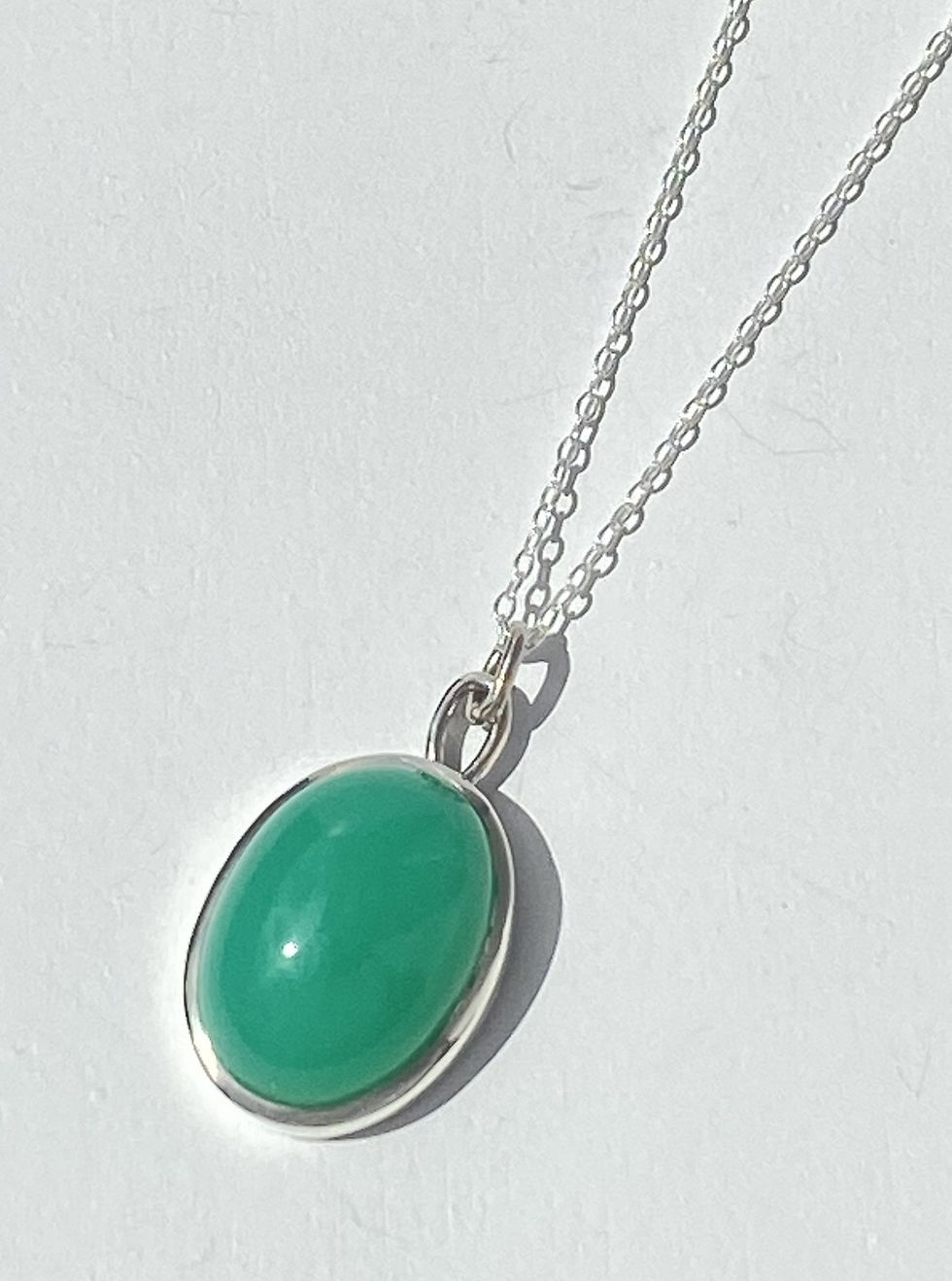 Aqua Green Chrysoprase cabochon gemstone set in sterling silver with a silver chain
