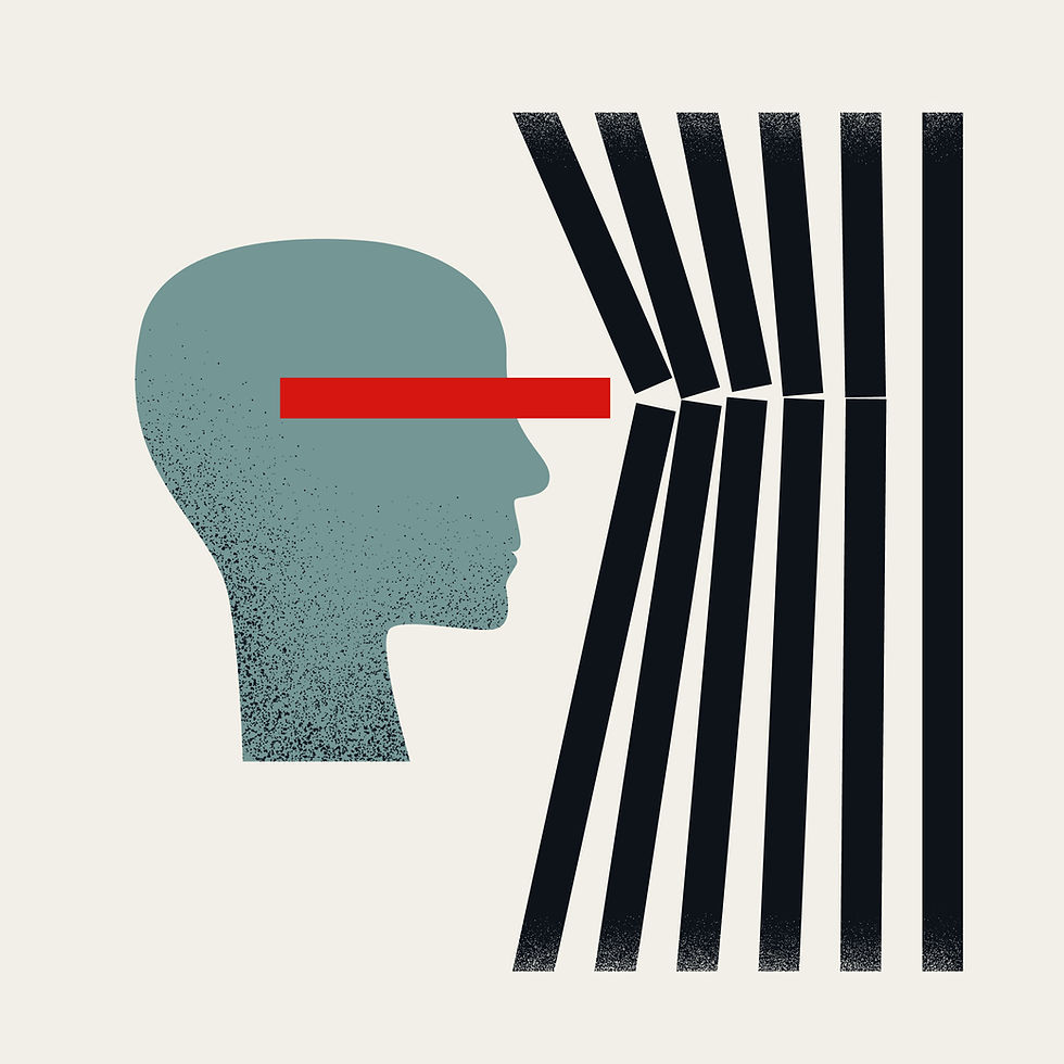 Minimalist conceptual editorial illustration of a head with a red laser visor breaking through black barriers, symbolizing AI disruption.