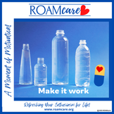 Four transparent bottles on a blue background. Caption reads "Make it work."