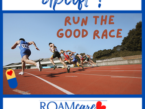 Runners sprint on a track under a blue sky with text "Run the Good Race" 