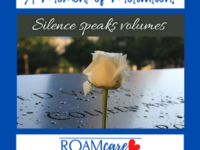White rose on a wet memorial plaque in a park. Text: "Silence speaks volumes"