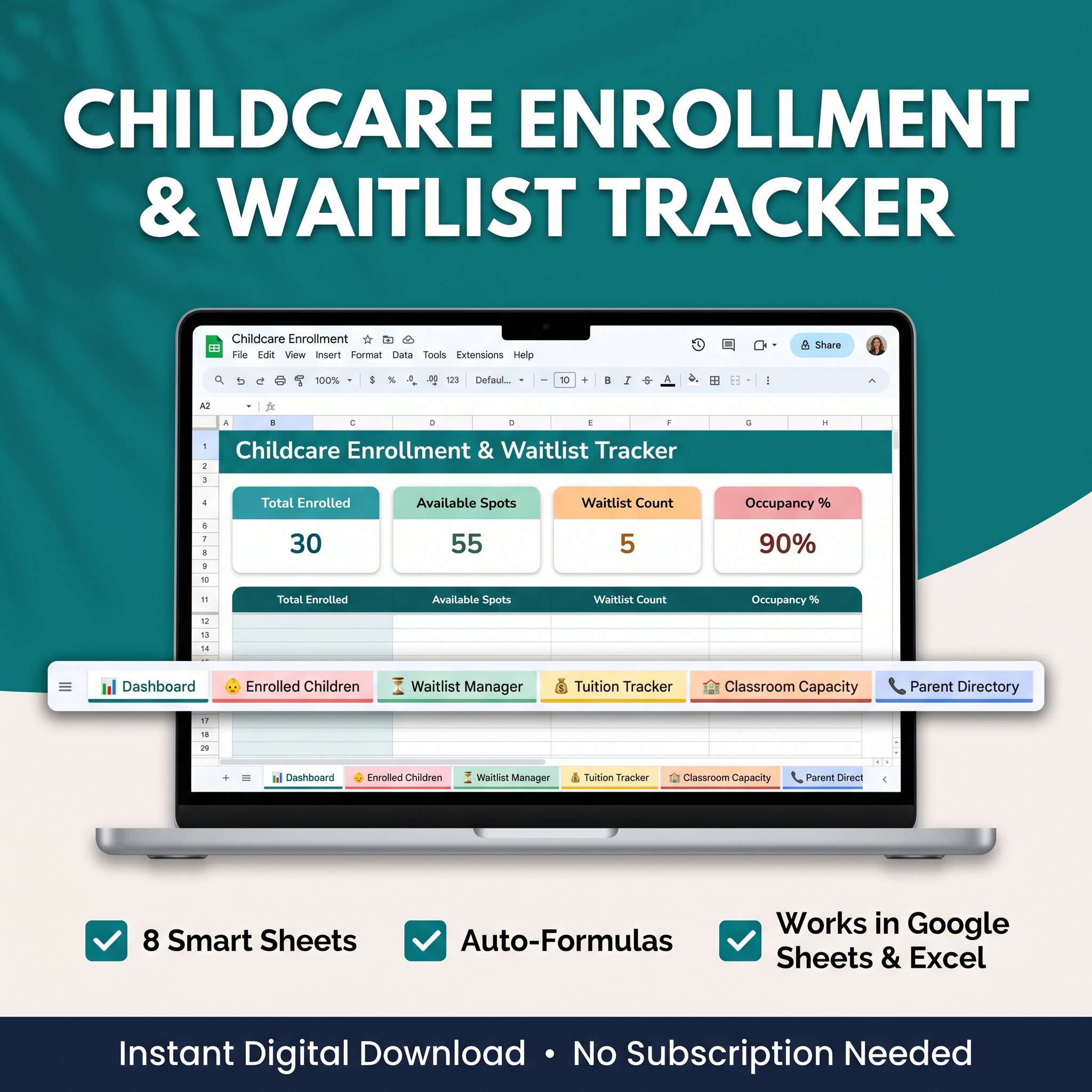 Daycare Enrollment Tracker Spreadsheet | Childcare Management Dashboard