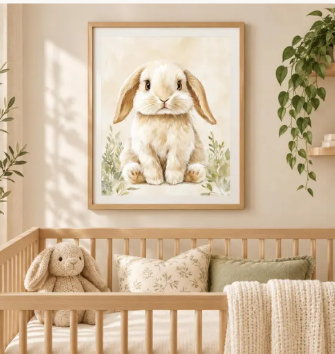 Botanical alphabet educational wall art in light wooden frame.