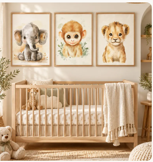 Vintage woodland animal nursery prints framed on wooden shelf.