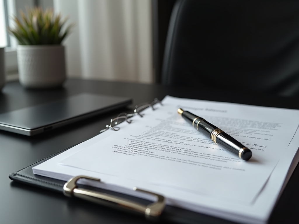 A sleek black desk featuring a premium fountain pen resting on a stack of professional grant proposal documents.