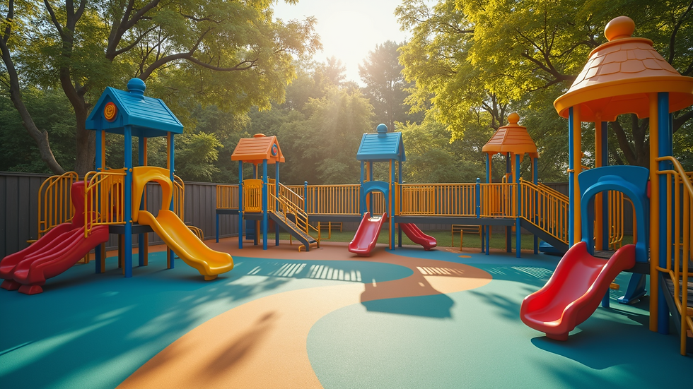 High angle view of a childcare center playground with safe and colorful equipment