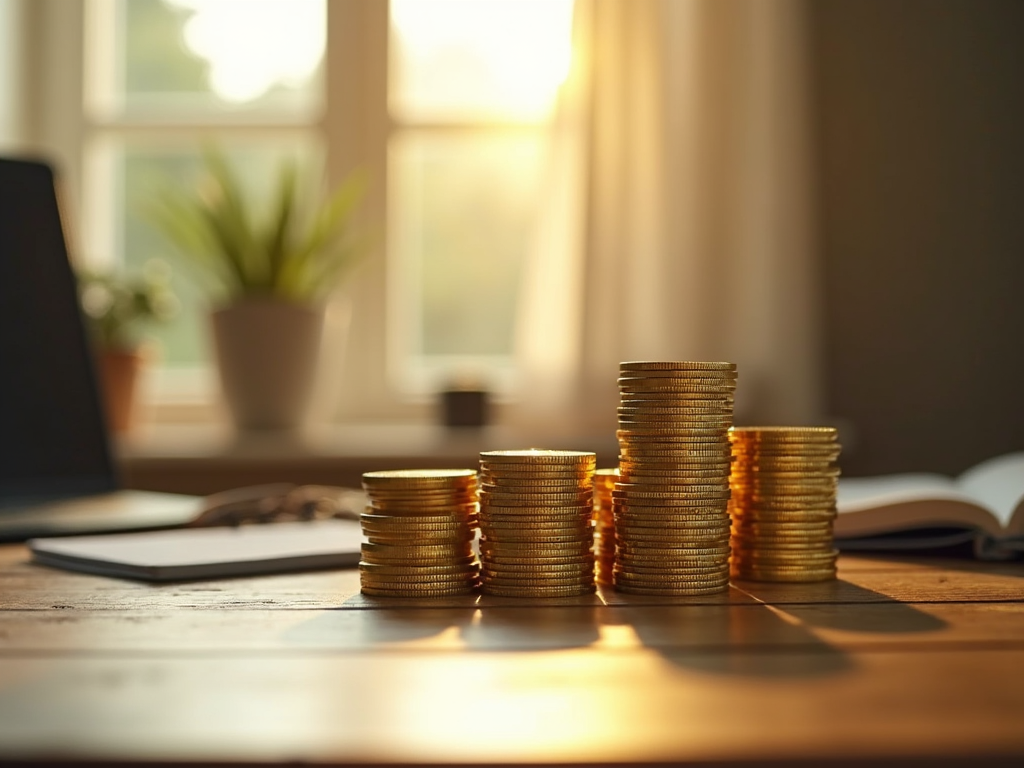 Stacked gold coins on a desk symbolizing business capital growth.