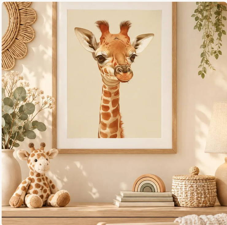 Safari nursery wall art print set displayed framed in classroom.