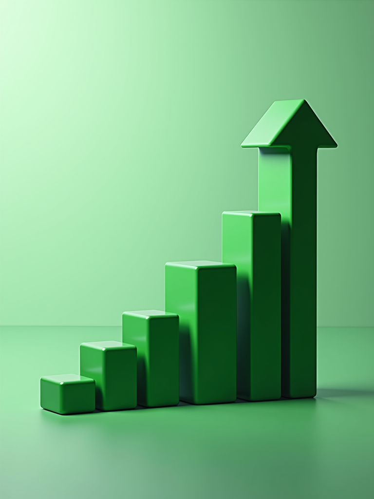 An abstract representation of business growth with rising green charts on a clean background.