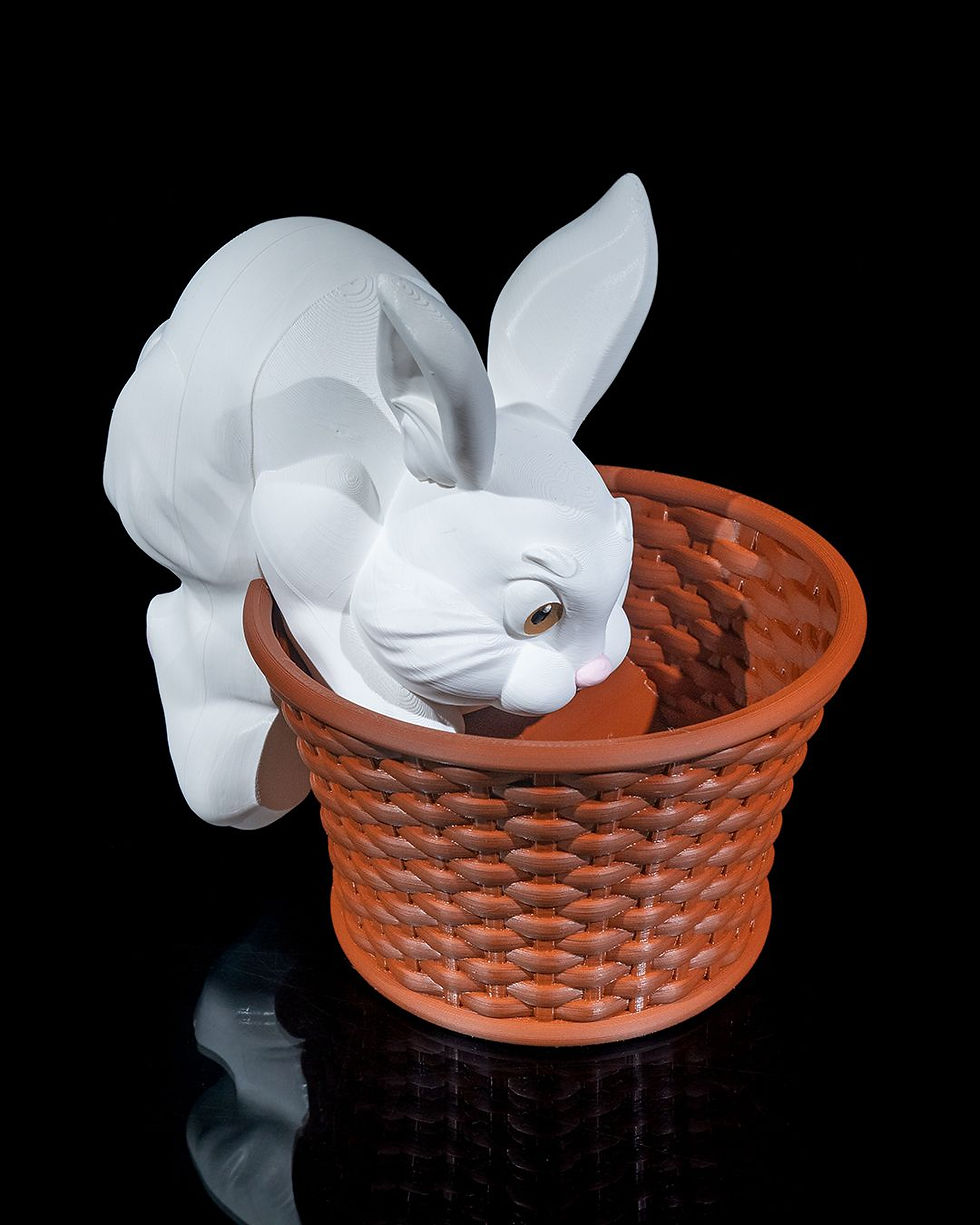 Thumbnail: White rabbit in brown basket planter