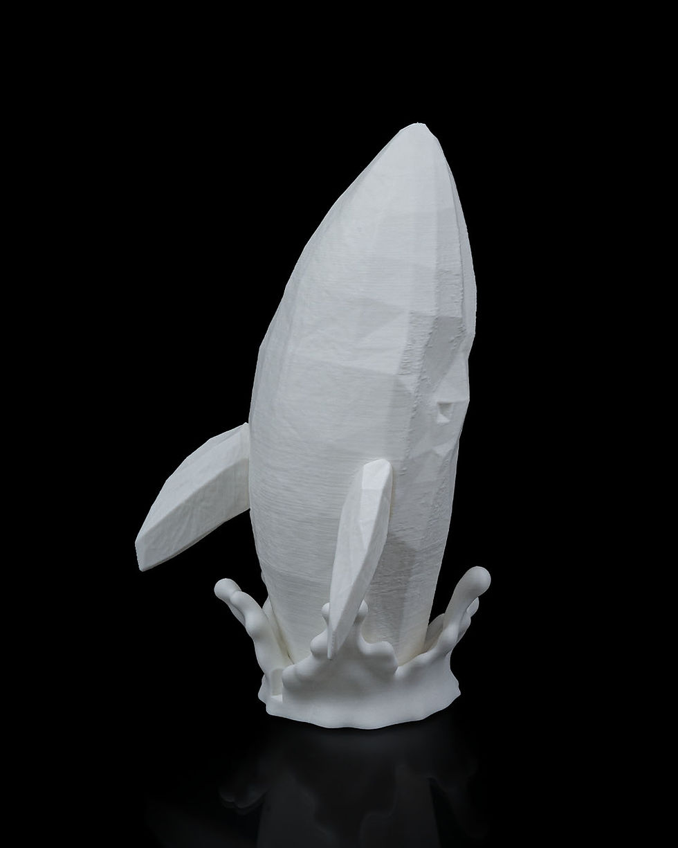 Thumbnail: White 3D-printed whale sculpture, leaping from water