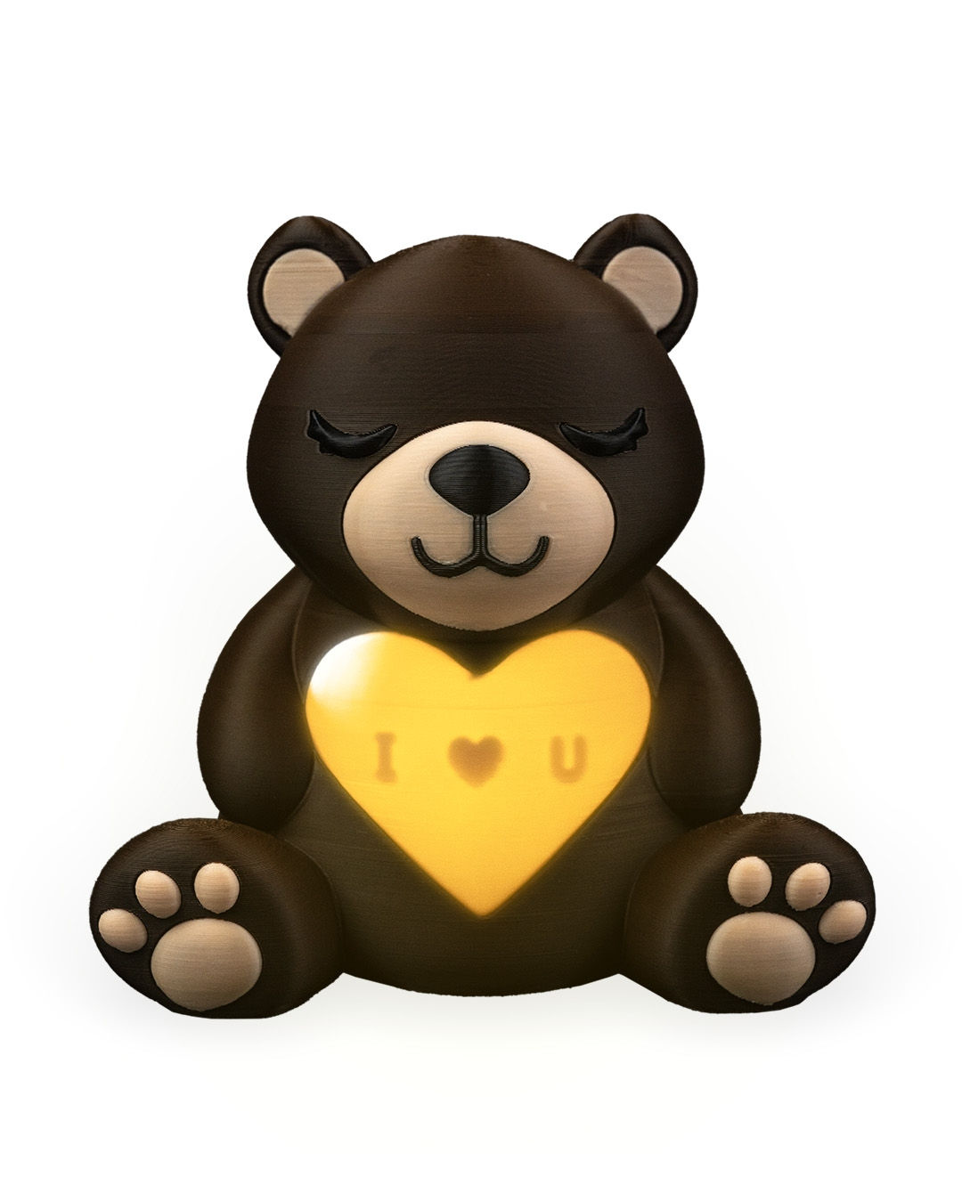 Brown teddy bear holding illuminated heart; 'I love U'