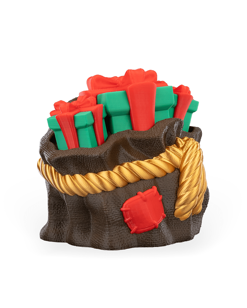 Thumbnail: Brown sack overflowing with red and green gifts