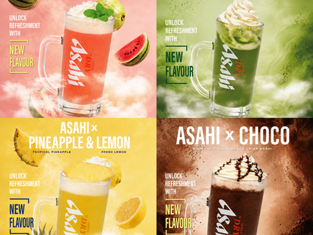 Four Asahi-inspired beer cocktail posters featuring watermelon guava, matcha, pineapple lemon and rich chocolate drinks for New Zealand venues