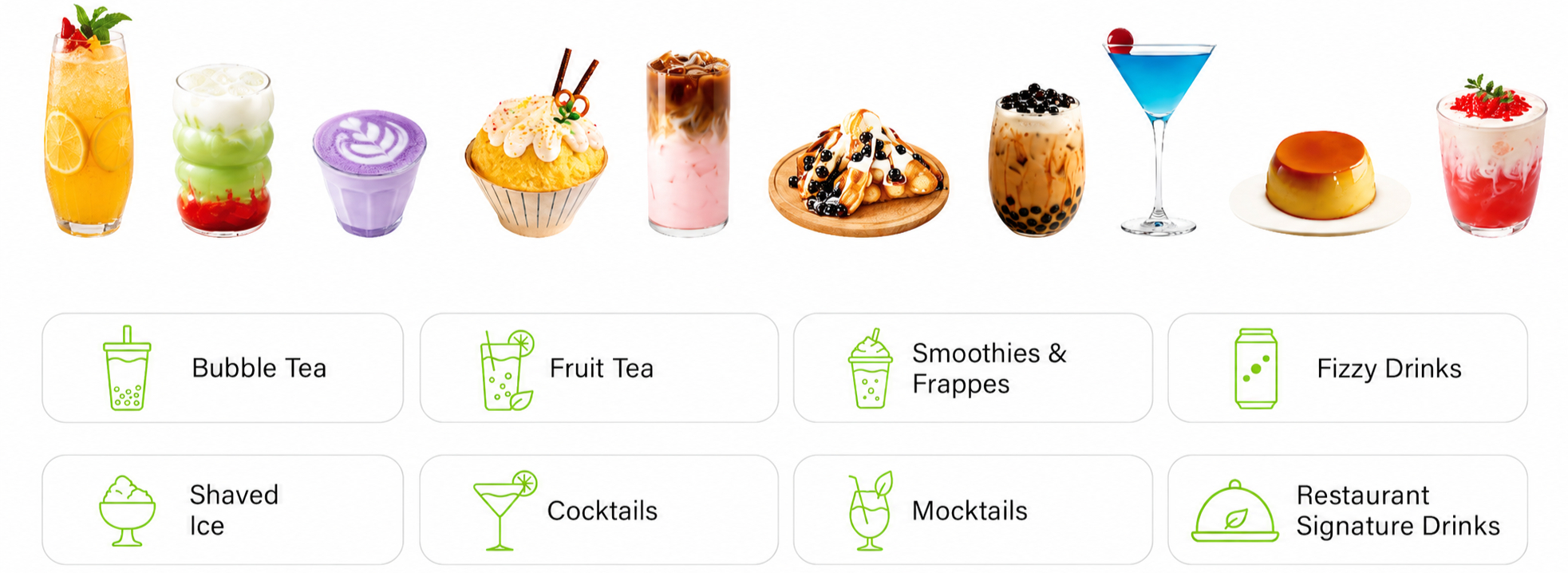 Modoo wholesale drink solutions featuring bubble tea, fruit tea, smoothies, fizzy drinks and café beverages.
