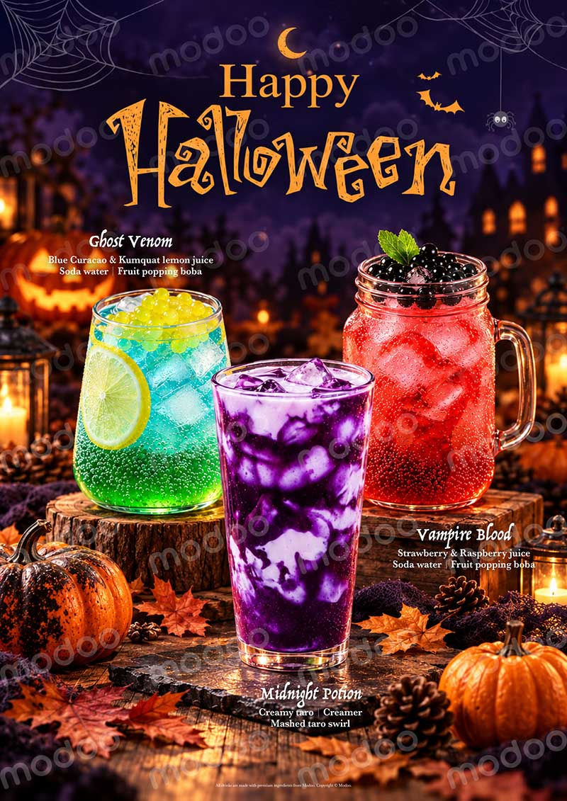 Halloween drink ideas for NZ cafés and restaurants featuring Vampire Blood, Midnight Potion and Ghost Venom