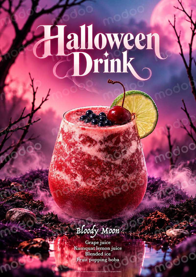 Bloody Moon grape citrus Halloween drink recipe with popping boba for NZ cafés and restaurants