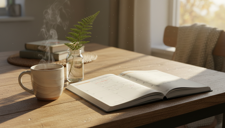 Eye-level view of an open weekly planner beside a warm mug on a kitchen table.