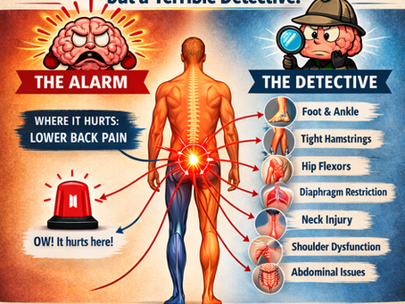 Infographic showing lower back pain sources including foot, hamstrings, hip flexors, diaphragm, neck, shoulder and abdomen — Heal Young Massage Gold Coast Image title: Lower back pain causes — assessment-led remedial massage Gold Coast