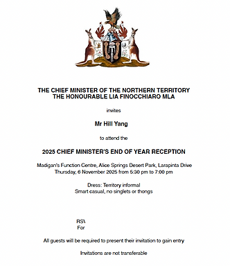 Personal invitation from NT Chief Minister Lia Finocchiaro MLA to End of Year Reception Alice Springs
