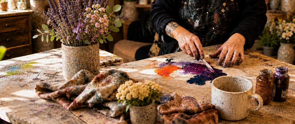 Woman painting with watercolors in a bright studio