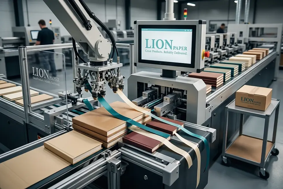 Automated industrial bookbinding line producing casebound multi-size journals.