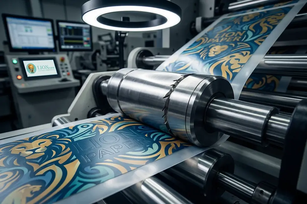 Rotary die-cutting tooling creating clean sticker edges with rounded corner radii.