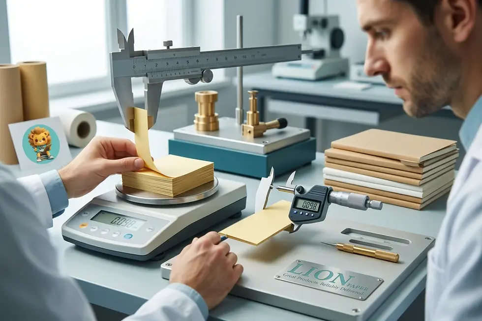 Quality control testing of paper basis weight and caliper uniformity according to ISO standards.