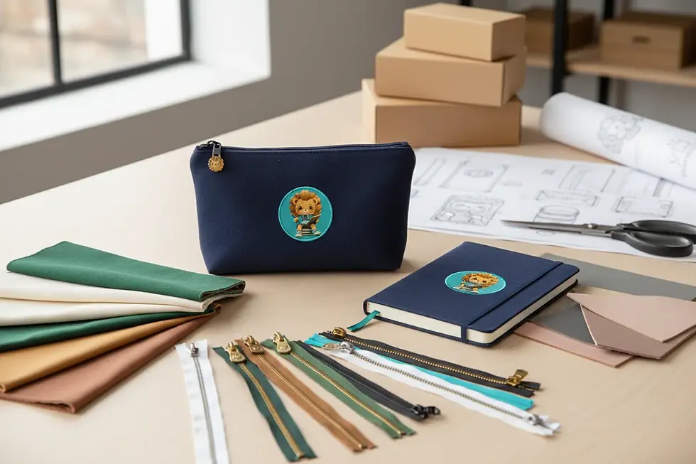 Close-up of premium fabric swatches, zipper sliders, and an embroidered custom pencil case.