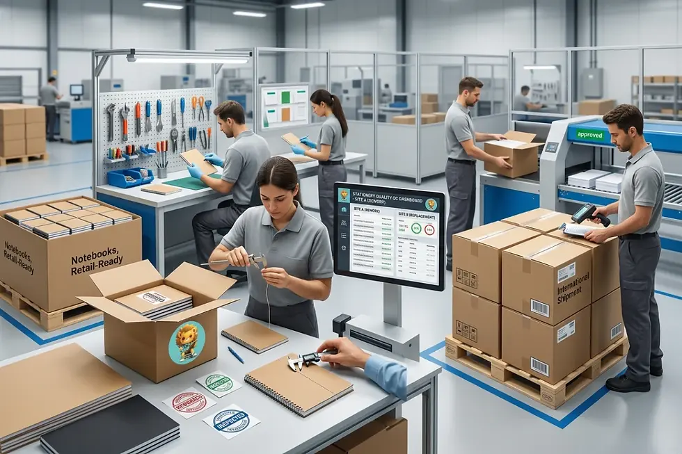 Quality assurance inspectors verifying pallet shipping labels and master carton barcoding for retail chargeback defect control.