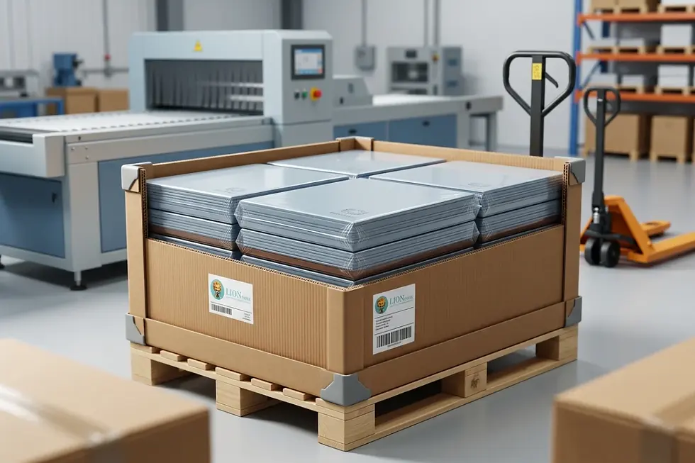 Export palletization of large format desk blotters featuring corner protectors and moisture barriers.