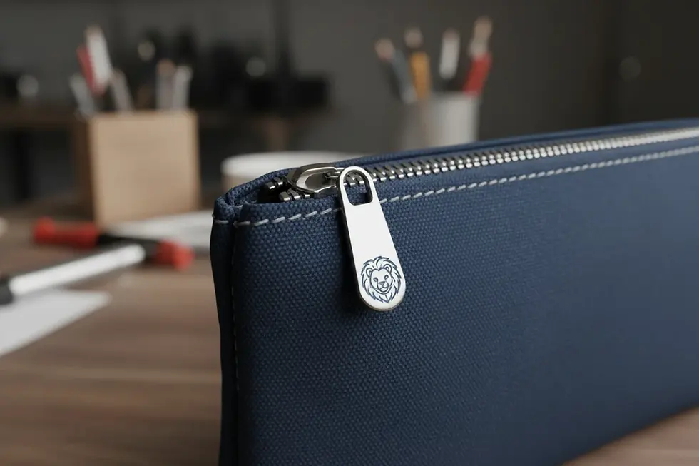 Detailed close-up of a custom pencil pouch showing reinforced seams and an auto-lock metal zipper.