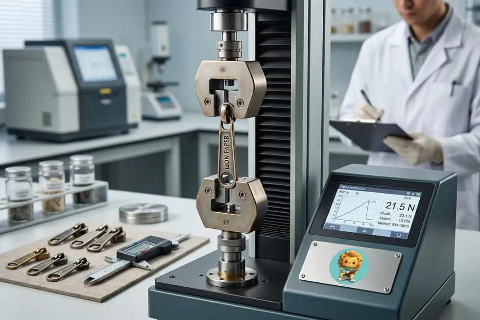 Digital tensile pull-force testing on custom zipper puller for stationery pouch manufacturing compliance.