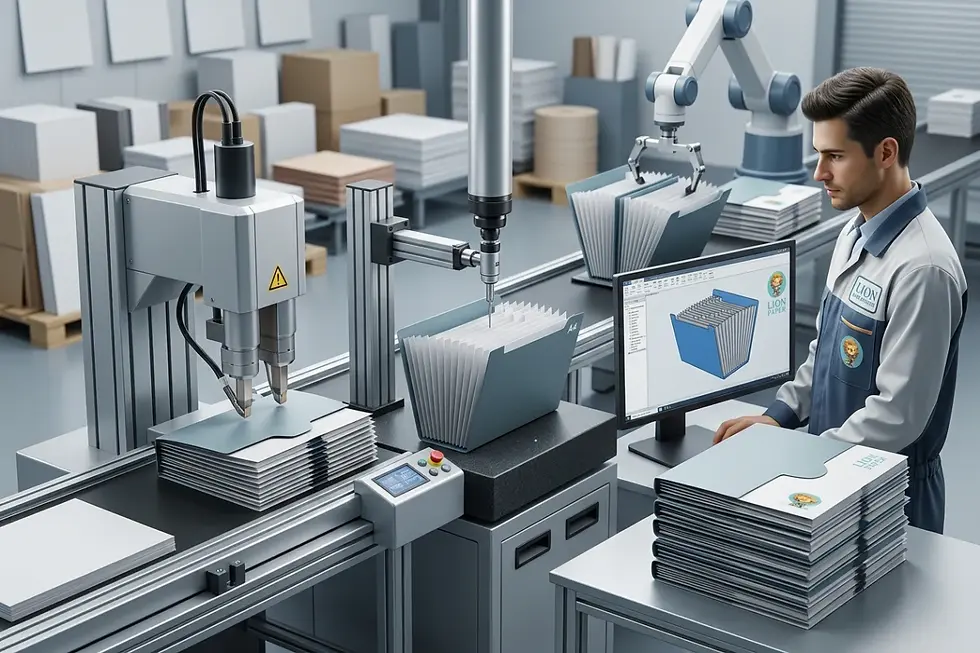 Lion Paper custom expanding file manufacturing and automated production line.