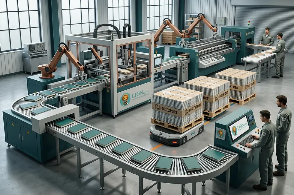Automated notebook mass production line supporting seasonal stationery production lead times.