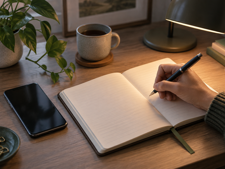 A person writing in an unbranded notebook beside a smartphone, showing paper and digital tools used together.