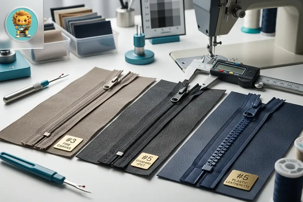 Zipper gauge comparison showing #3 and #5 nylon coils stitched onto canvas and recycled textile materials.