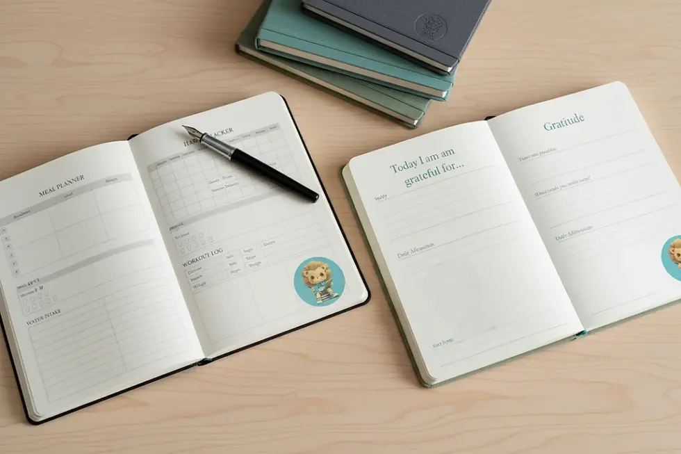 Detailed view of custom interior page layouts for fitness and gratitude journals.